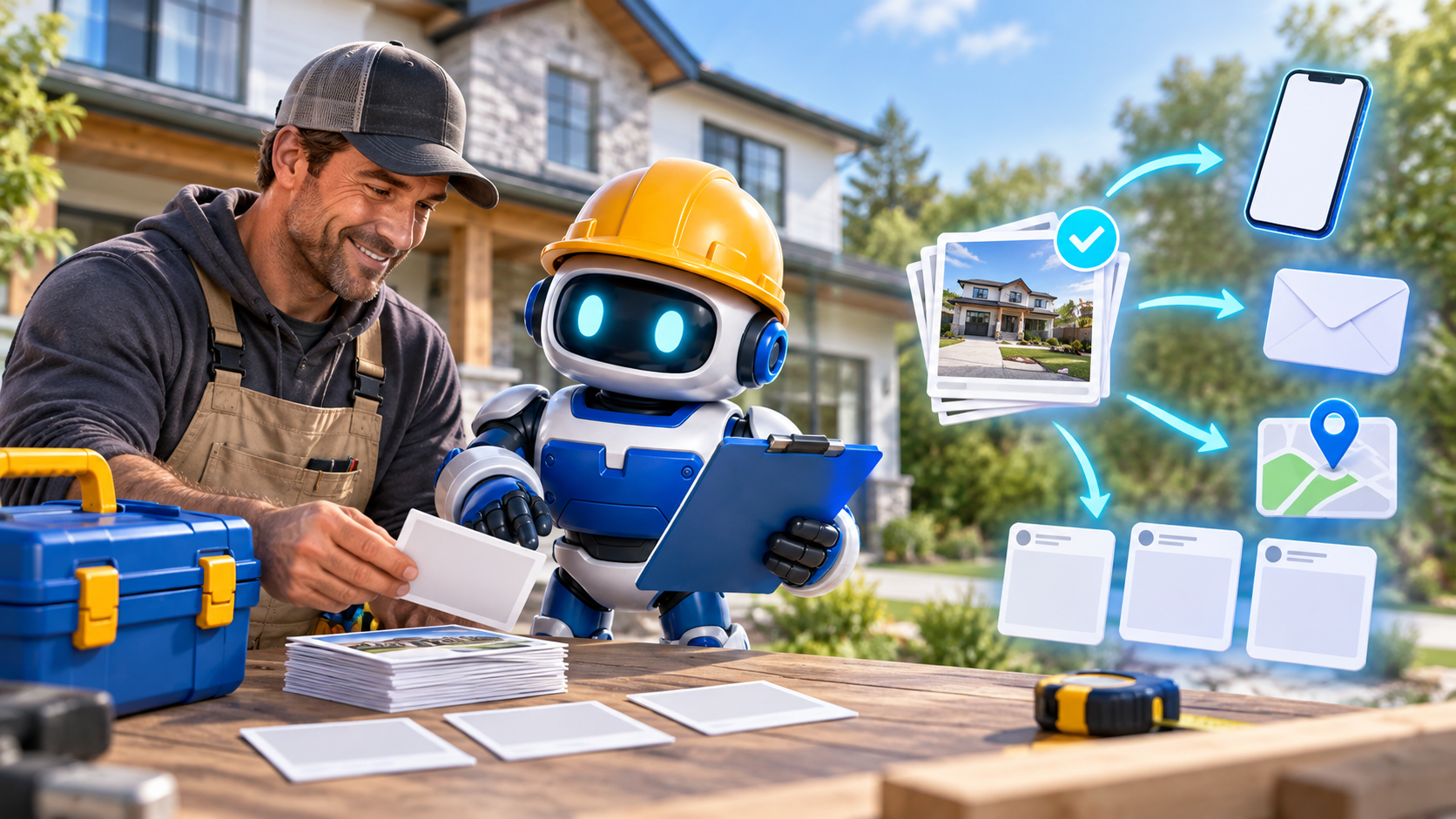 GangBoxAI robot mascot and a contractor organizing approved finished job photos for a website, phone, email, local map, and social updates