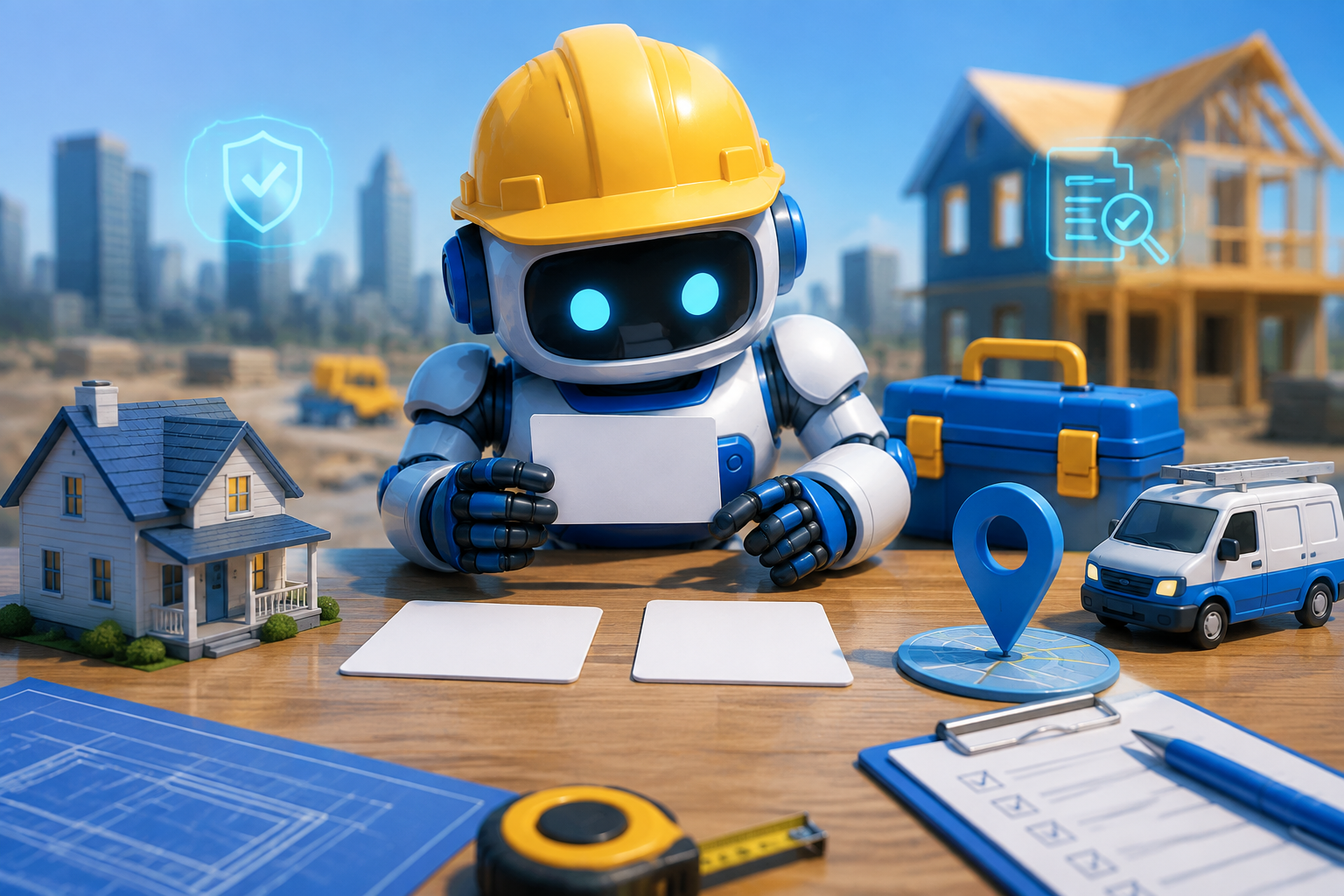 GangBoxAI robot mascot comparing blank fact cards with a house model, location marker, service van, and blue toolbox