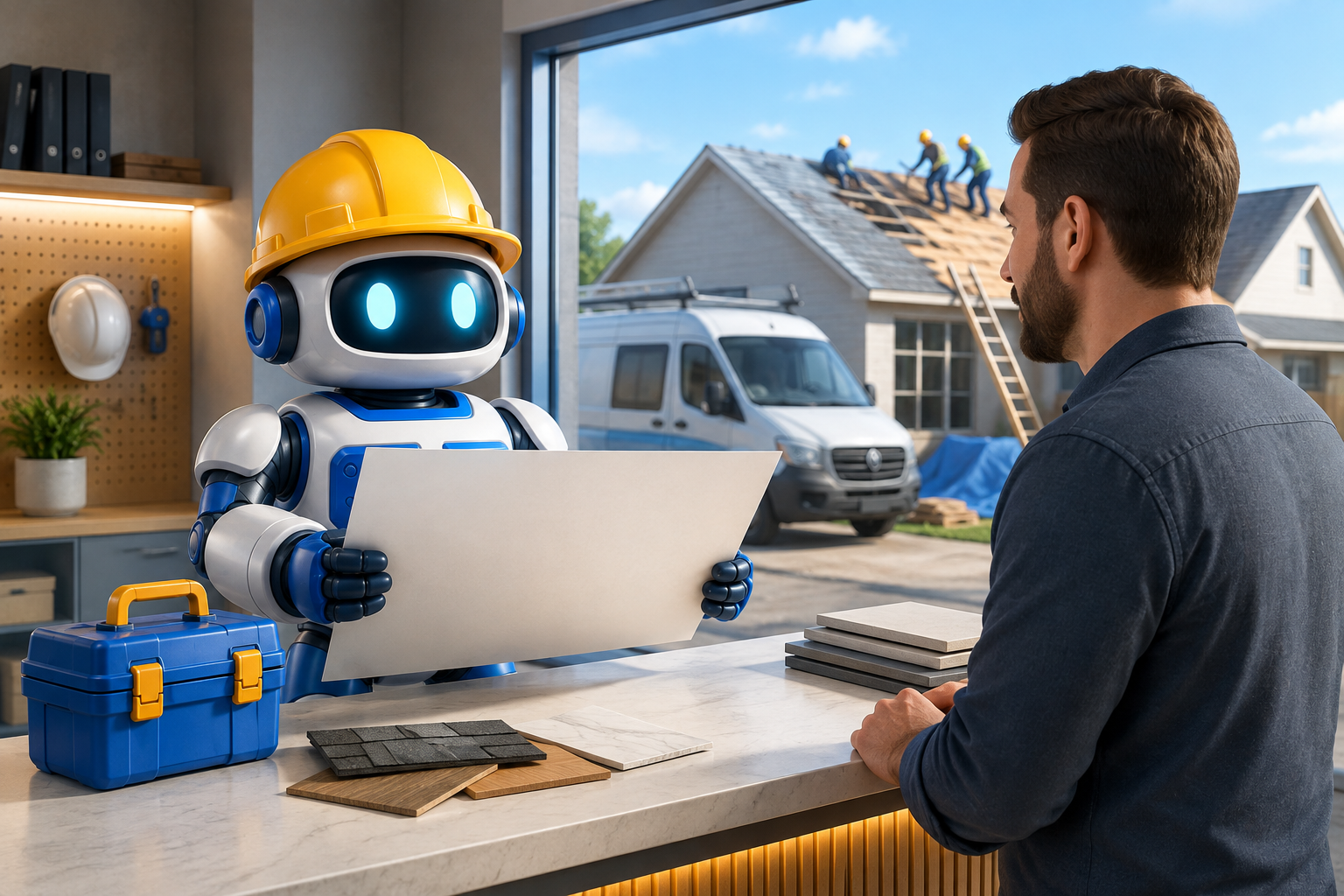 GangBoxAI robot mascot reviewing a blank intake card with a contractor at an office counter beside a jobsite and service van