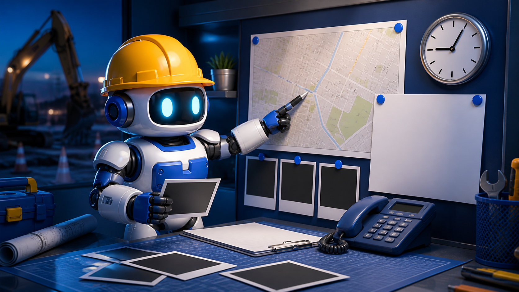 GangBoxAI robot mascot reviewing a service area map, blank job photo cards, phone, clock, and contractor planning board