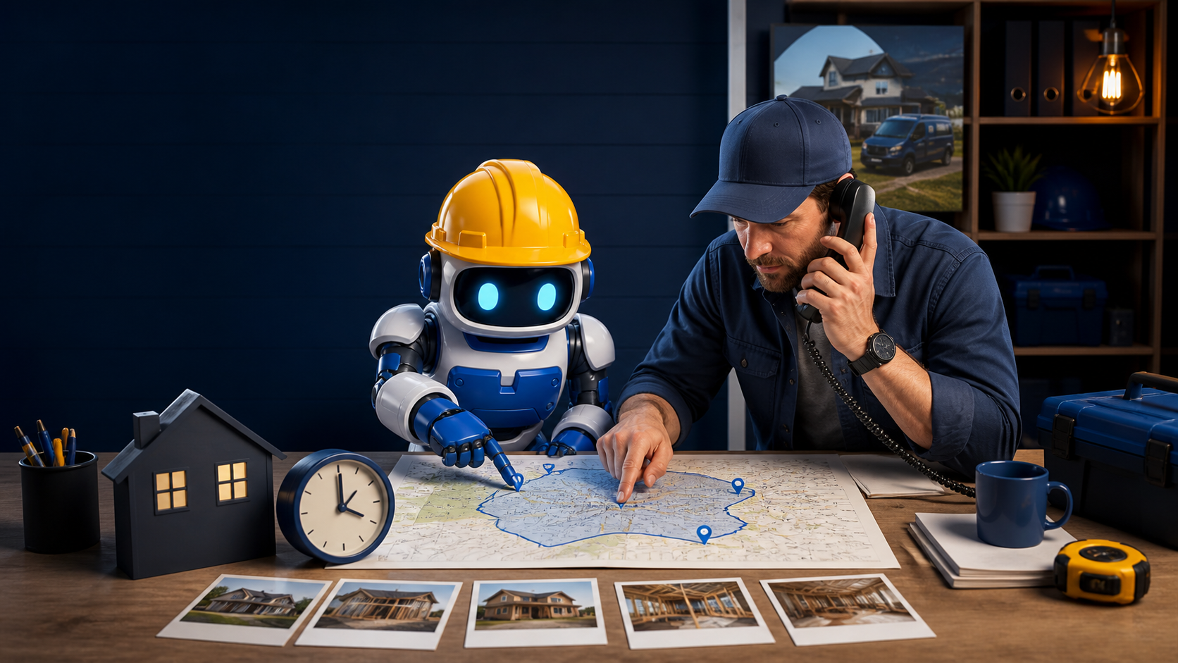 GangBoxAI robot mascot and contractor comparing a service area map, phone, clock, and job photos at a contractor office workbench