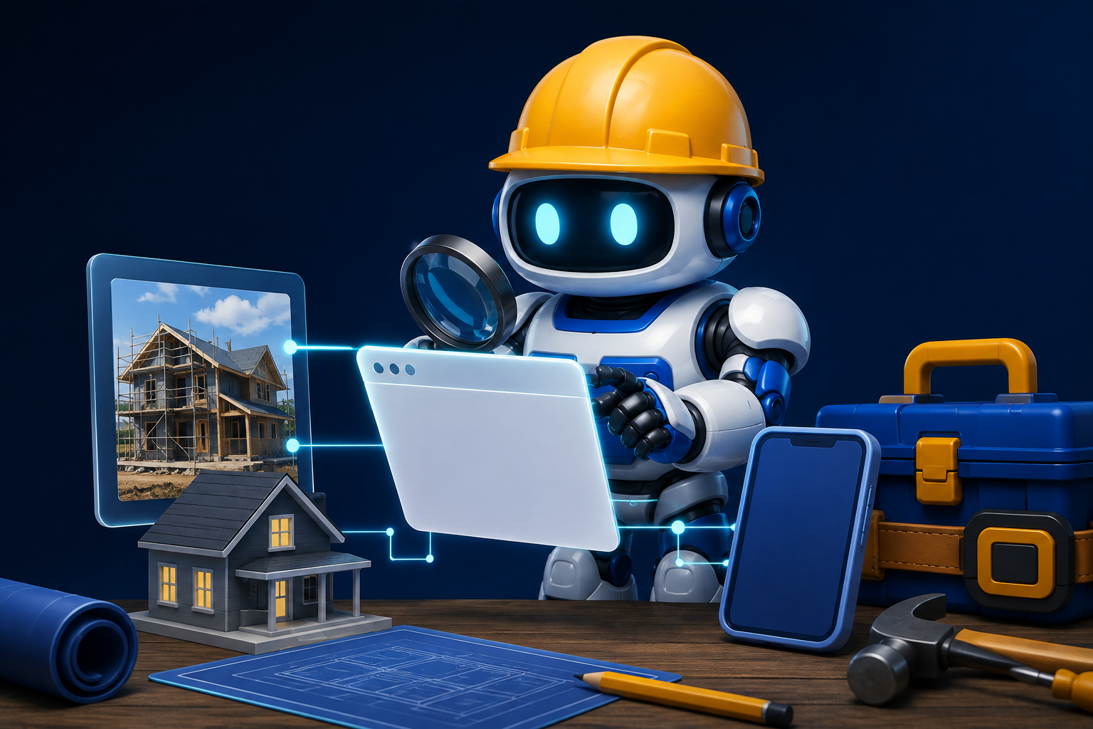 GangBoxAI robot mascot inspecting a blank service page card, house model, jobsite photo, and phone shaped object beside a blue toolbox