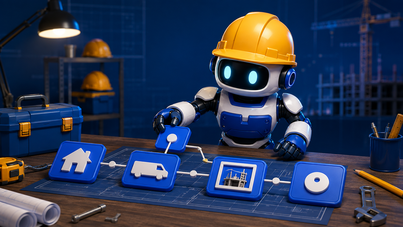 GangBoxAI robot mascot arranging blank route cards between a house, service van, jobsite proof, and abstract contact path on a contractor workbench