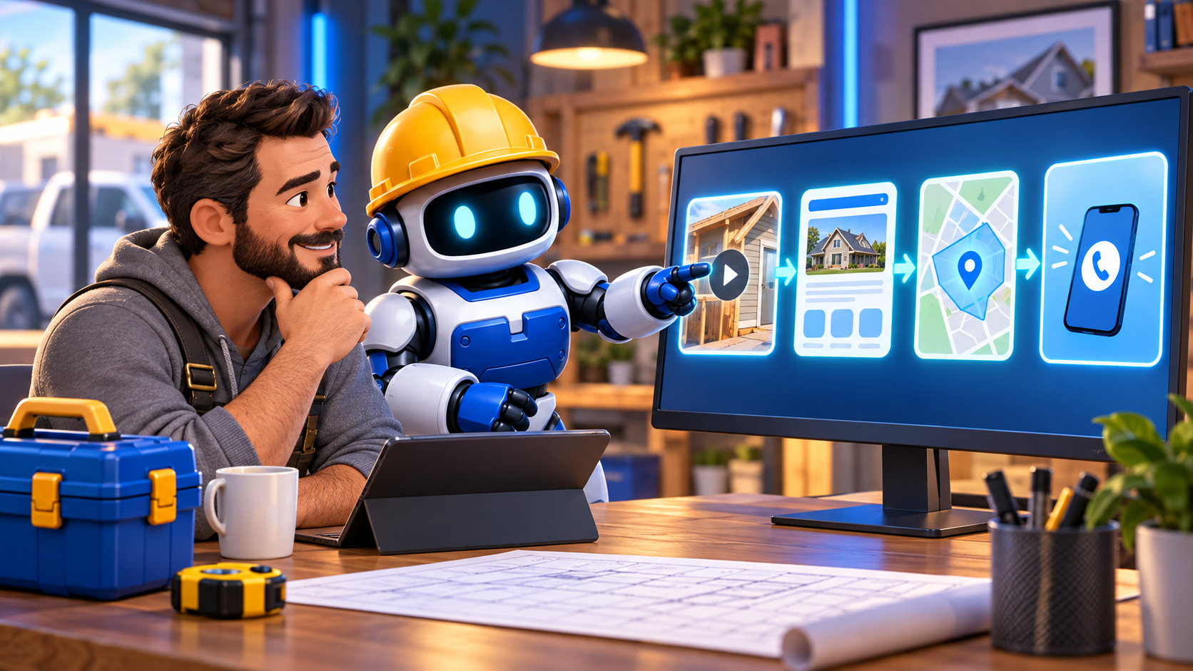 GangBoxAI robot mascot and a contractor reviewing an unlabeled workflow from a job video to a service page, local map, and phone inquiry