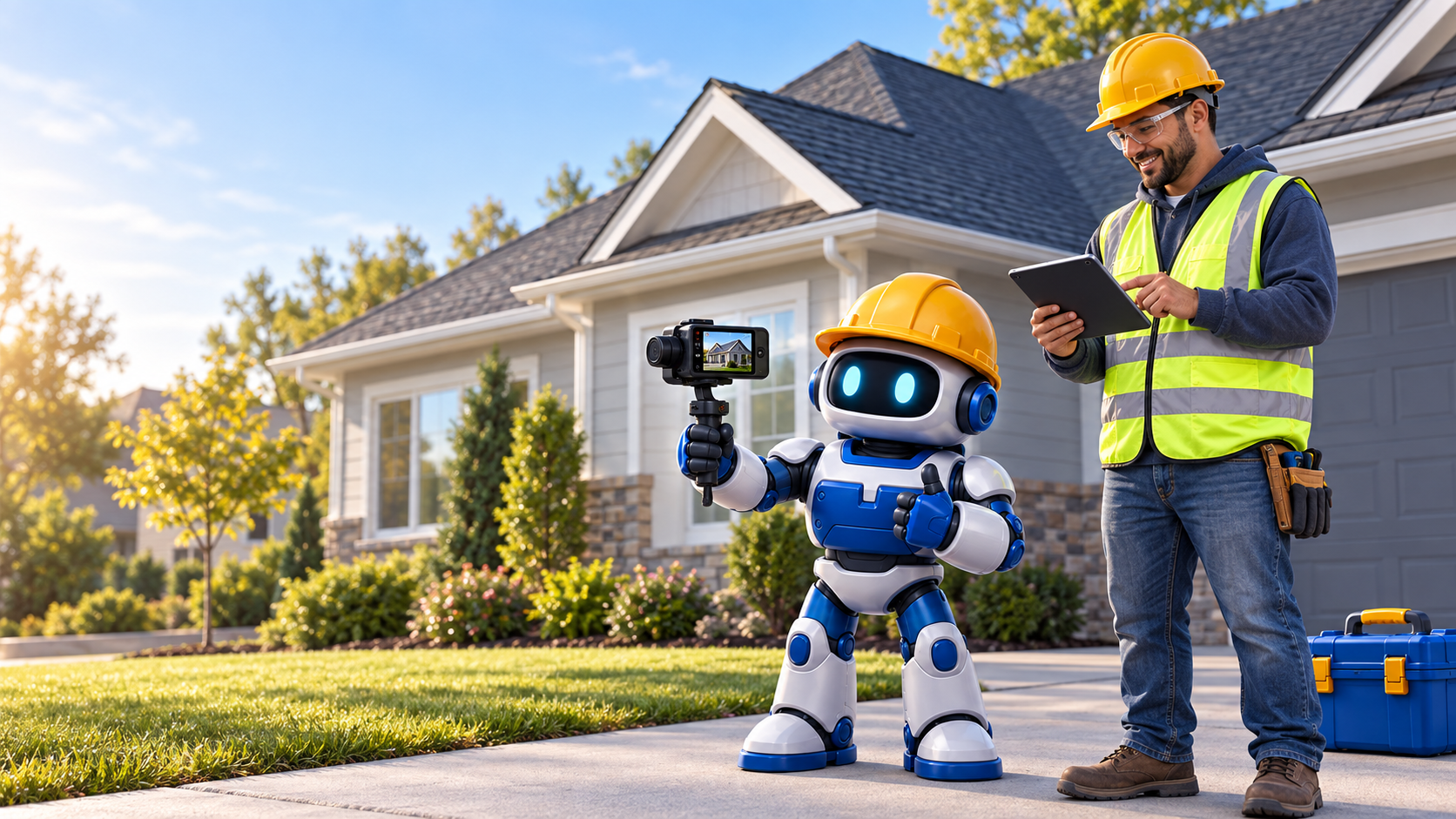 GangBoxAI robot mascot and a roofing contractor filming a completed roof from the ground while reviewing the shot on a tablet