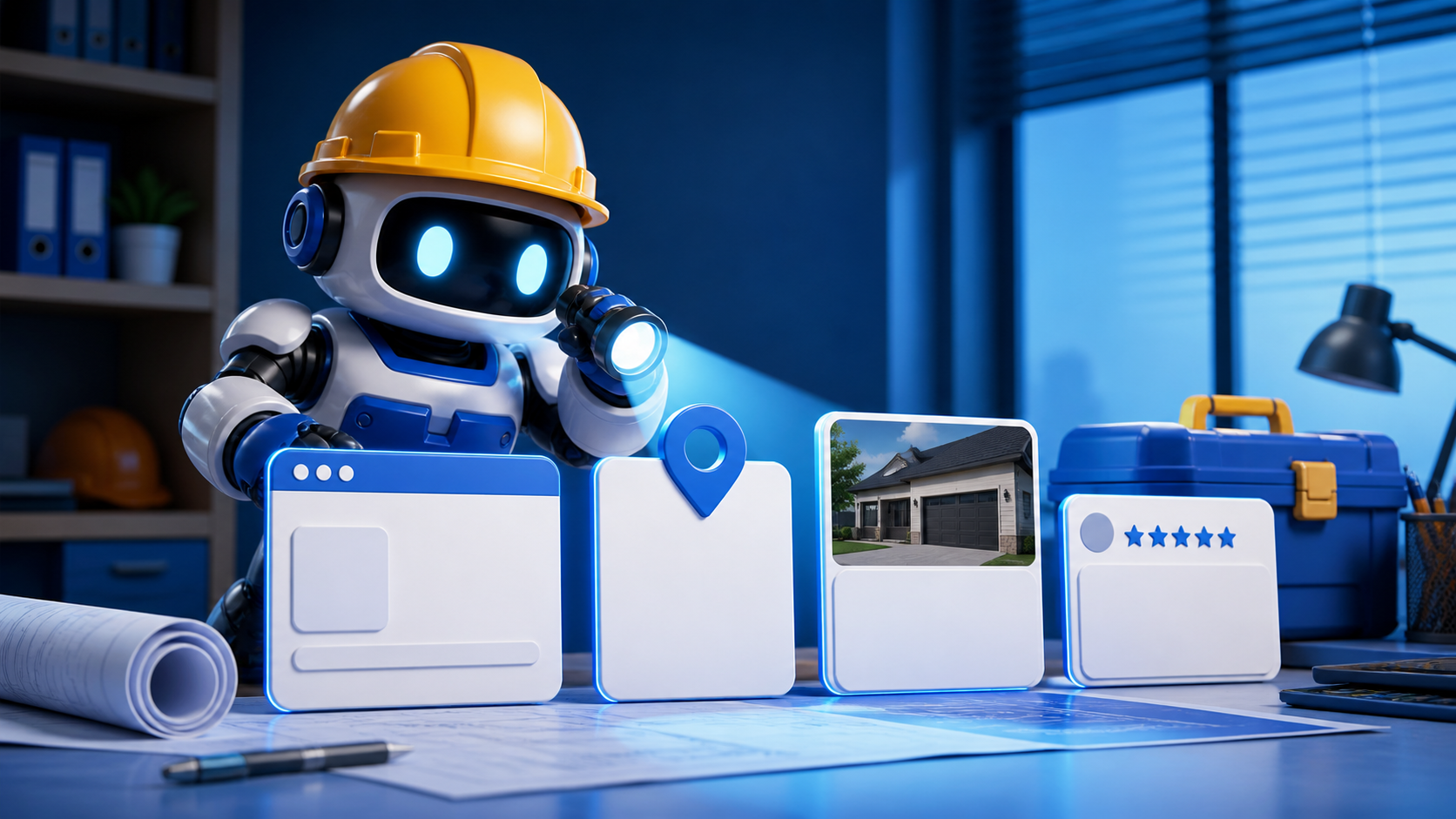 GangBoxAI robot mascot inspecting blank contractor service, location, job photo, and review cards with a small light