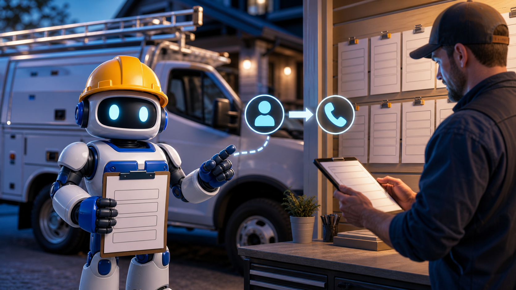 GangBoxAI robot mascot holding a blank contractor lead form near a service truck while a contractor reviews a callback list