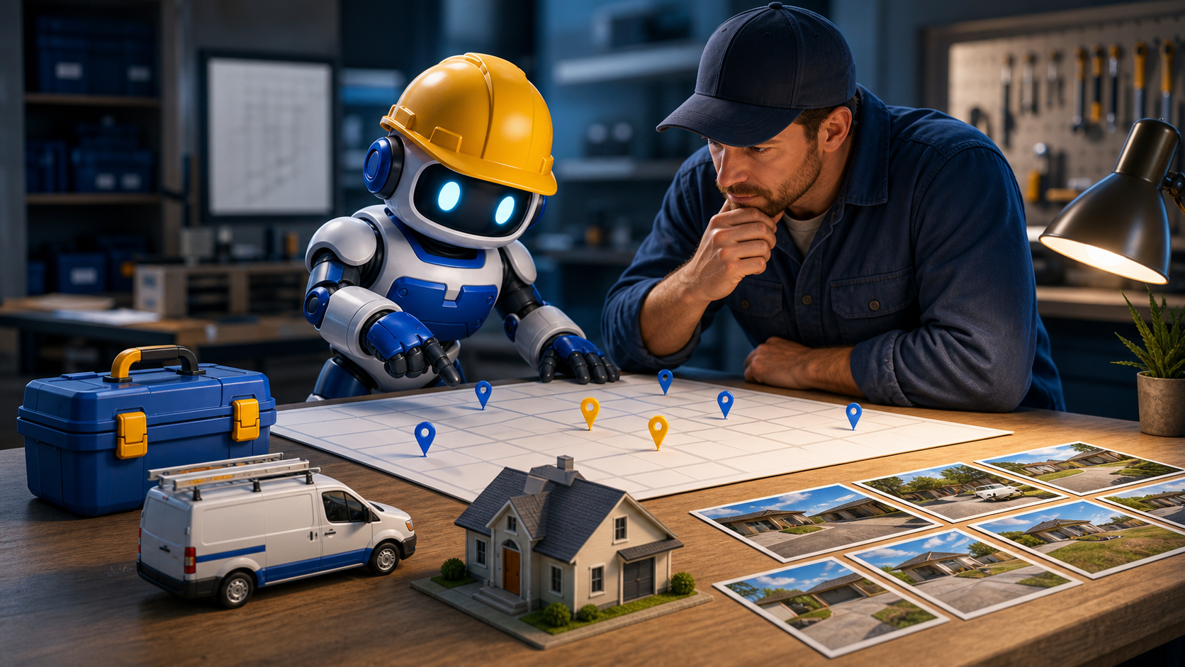 GangBoxAI robot mascot and a contractor reviewing blank coverage cards, route pins, a service van, and project photos at a workbench