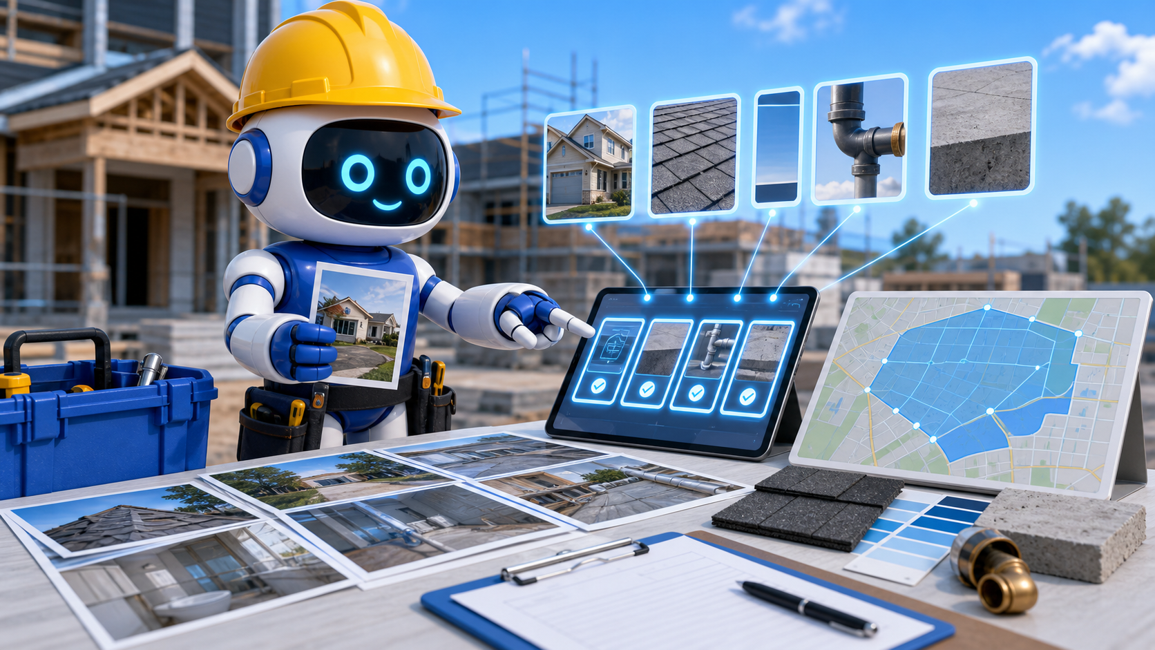 GangBoxAI robot mascot organizing contractor job photos, service area proof, and project evidence for AI search visibility