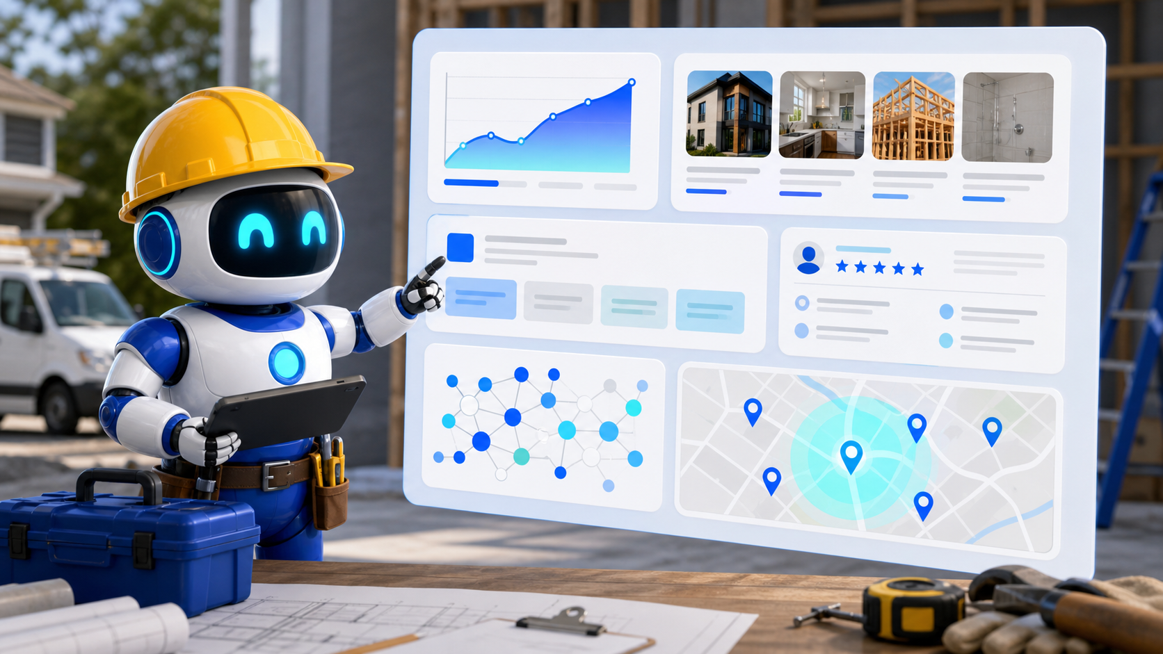 GangBoxAI robot mascot reviewing contractor job photos, service pages, local proof, and AI visibility signals