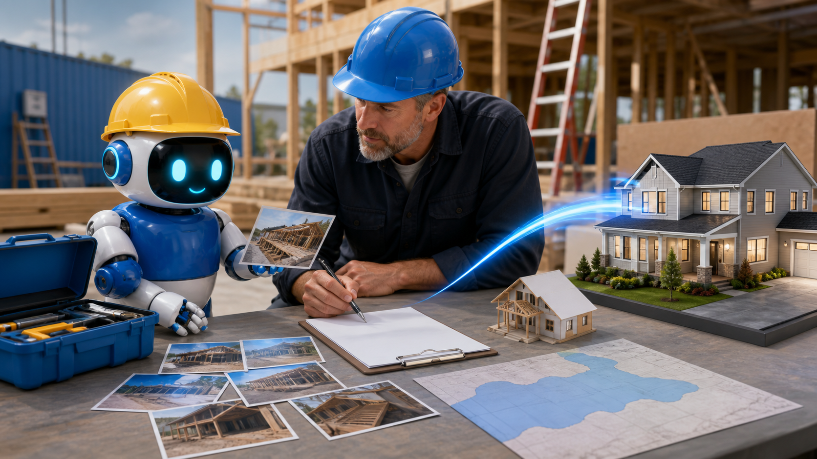 GangBoxAI robot mascot and contractor reviewing job photos, a blank clipboard, a generic service area map, and house models at a construction site