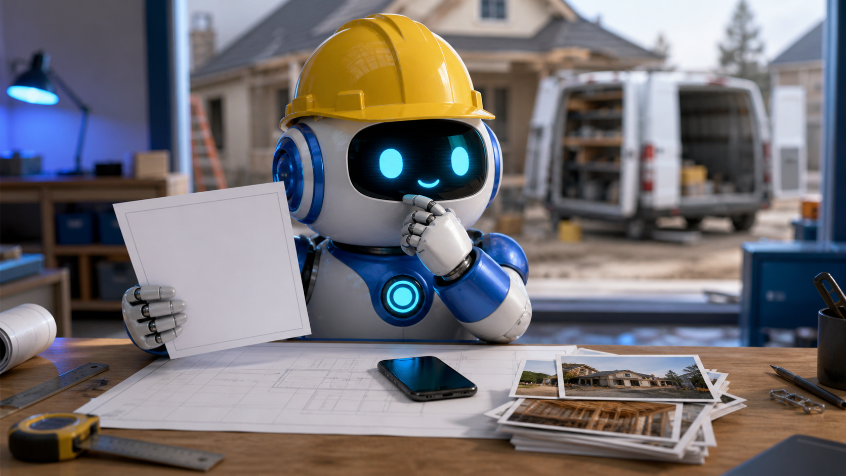 GangBoxAI robot mascot reviewing a blank homeowner guide, job photos, and phone at a contractor workbench
