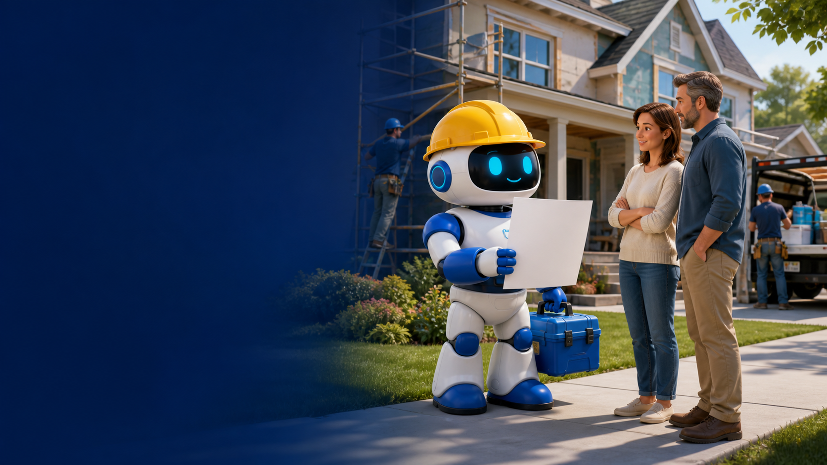 GangBoxAI robot mascot holding a blank job notice beside a residential renovation crew and homeowners