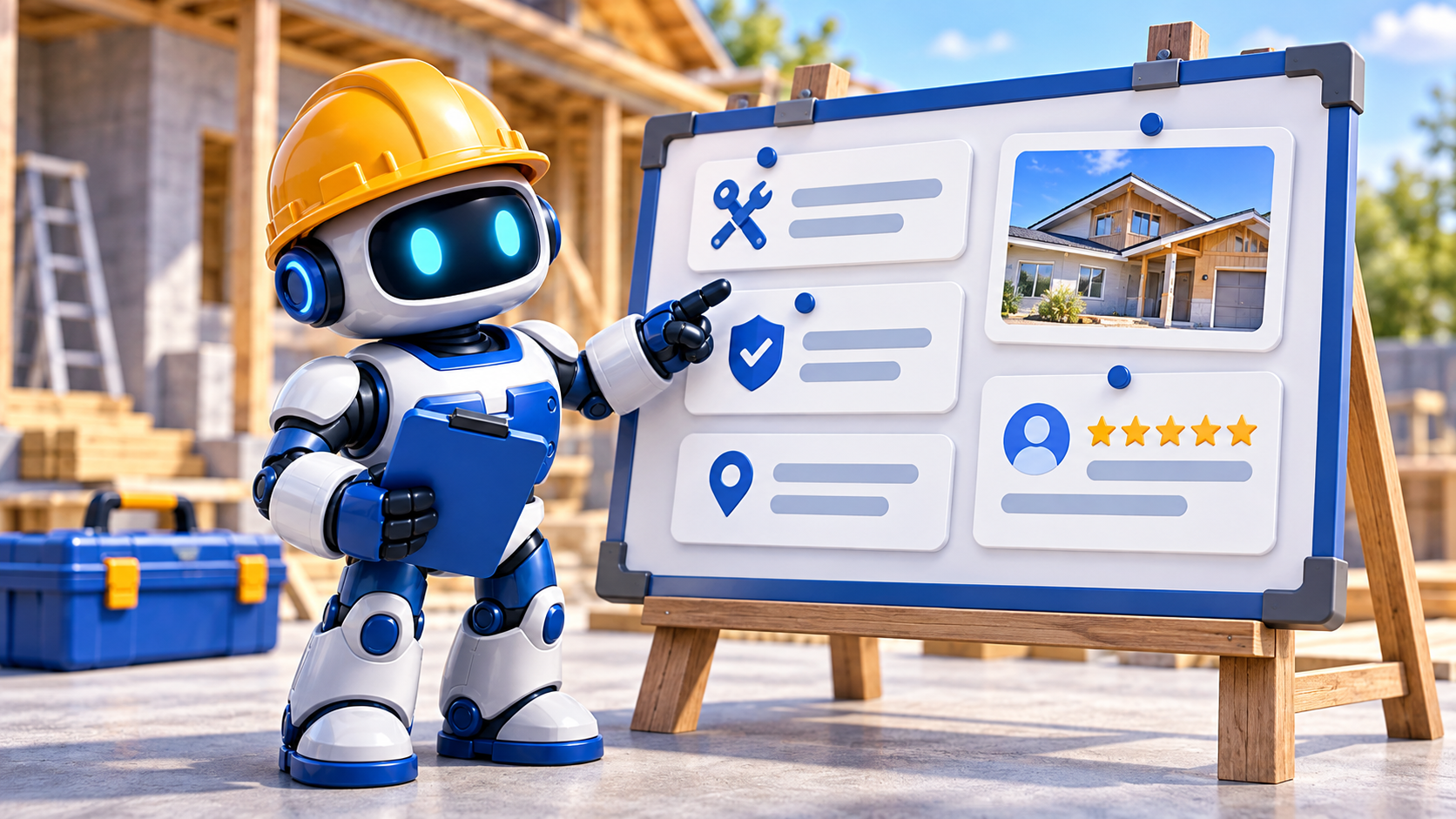 GangBoxAI robot mascot reviewing blank contractor proof cards, a job photo, a service icon, a location marker, and a review card beside a blue toolbox