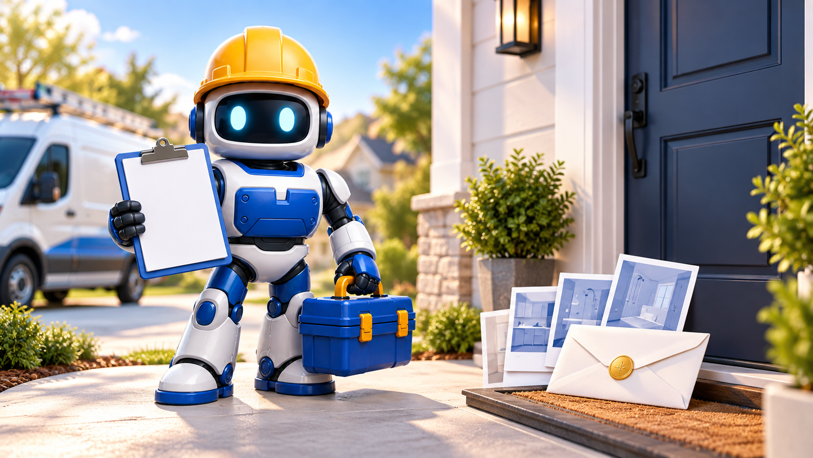 GangBoxAI robot mascot holding a blank clipboard and blue toolbox outside a completed home project with a service van, blank job photos, and an envelope