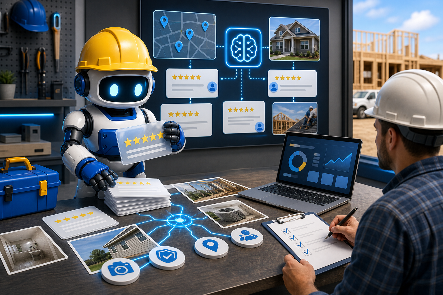 GangBoxAI robot mascot sorting contractor customer reviews, job photos, service area proof, and AI search evidence