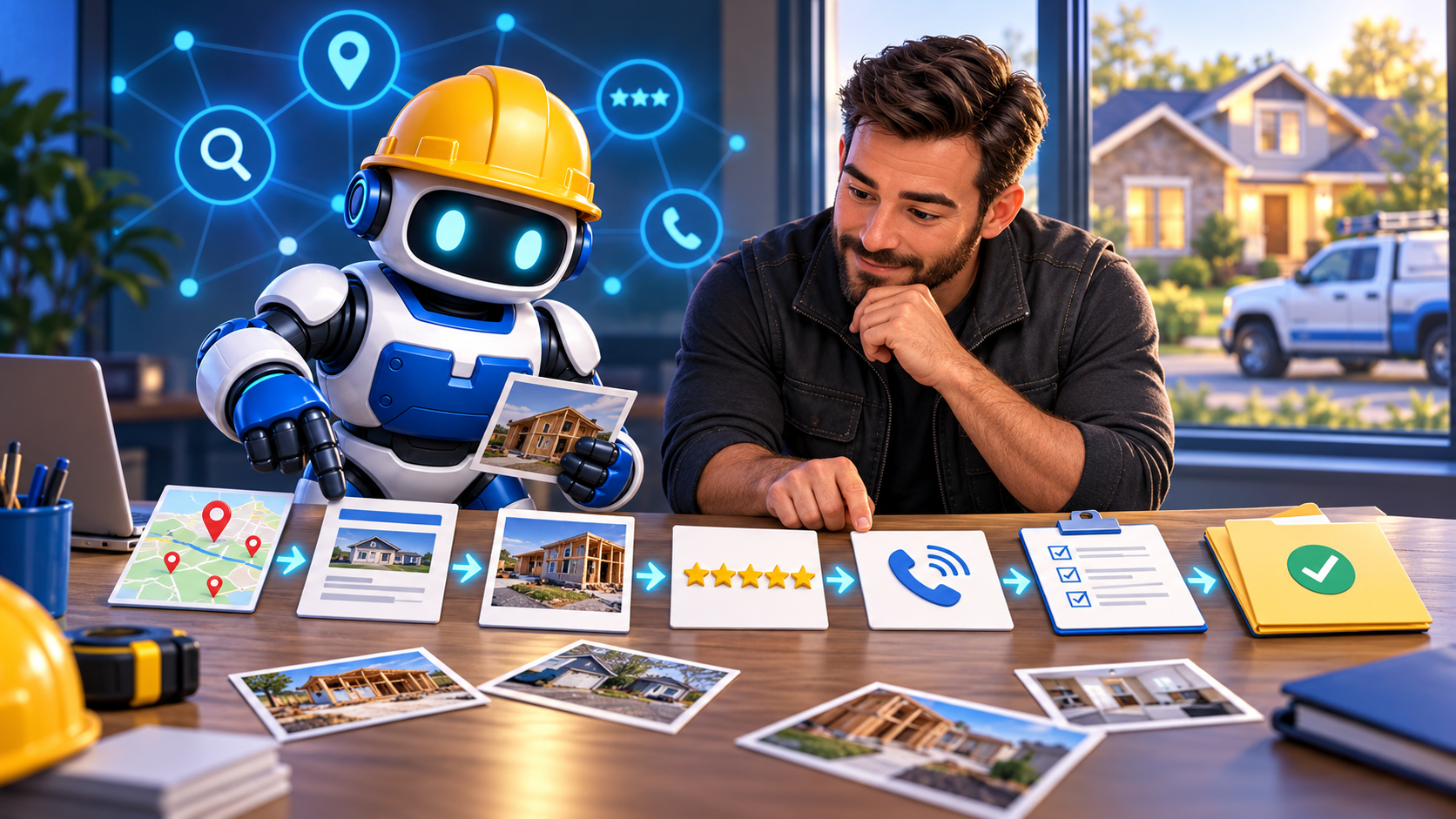 GangBoxAI robot mascot and a contractor connecting local map proof, service pages, job photos, reviews, phone calls, estimates, and signed work