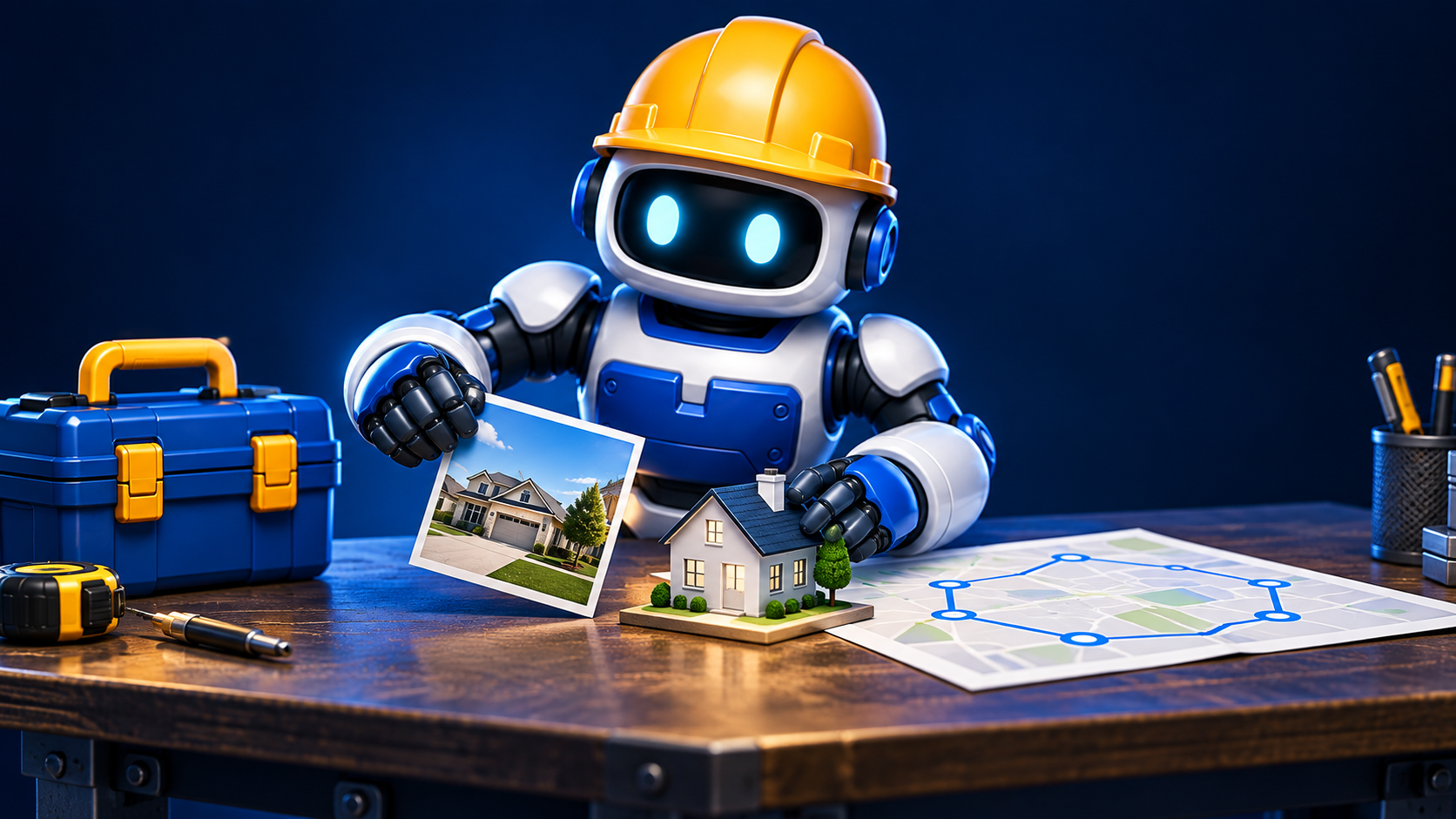 GangBoxAI robot mascot reviewing a job photo, house model, and unlabeled route map beside a blue toolbox