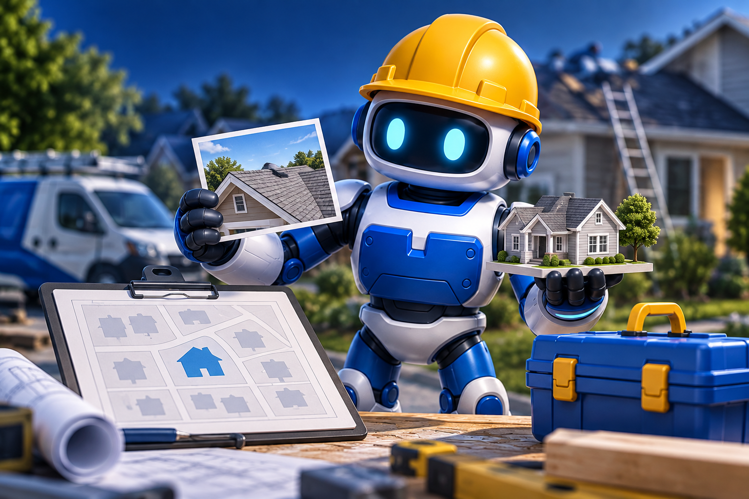 GangBoxAI robot mascot comparing a completed roofing job photo, a house model, and an unlabeled neighborhood site plan at a contractor workbench