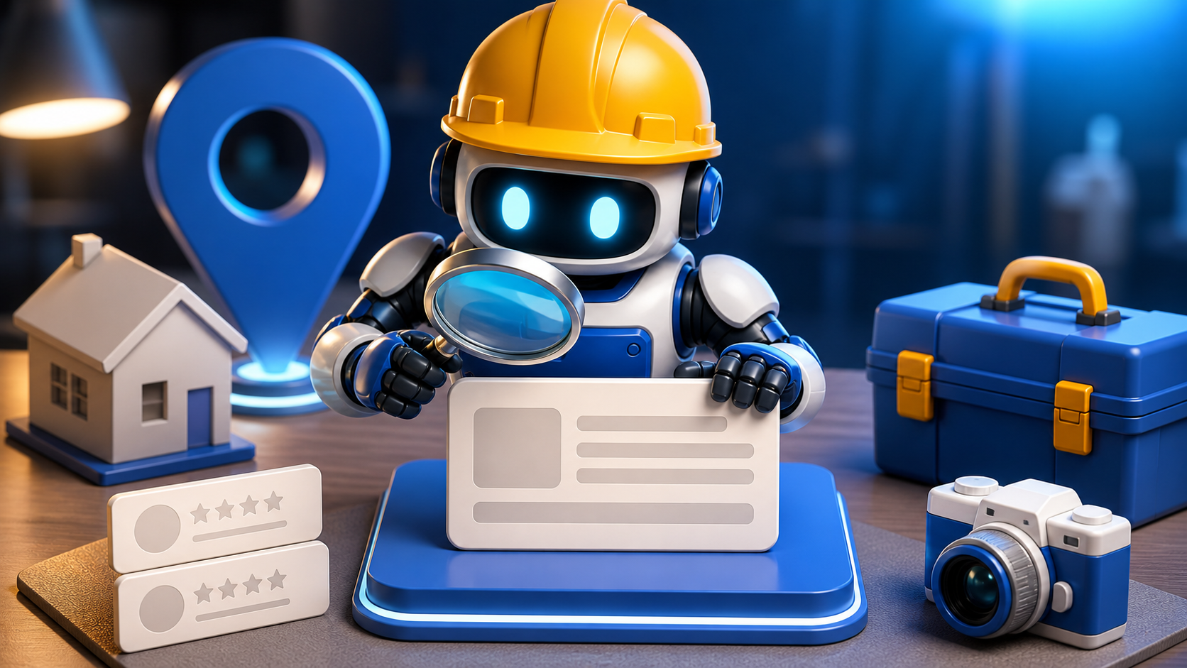 GangBoxAI robot mascot using a magnifying glass to review blank contractor proof cards, a location marker, a house model, and a blue toolbox