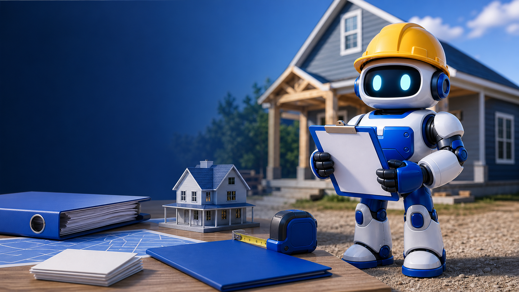 GangBoxAI robot mascot reviewing blank contractor proof cards, a small house model, jobsite tools, and a blue folder at a residential project