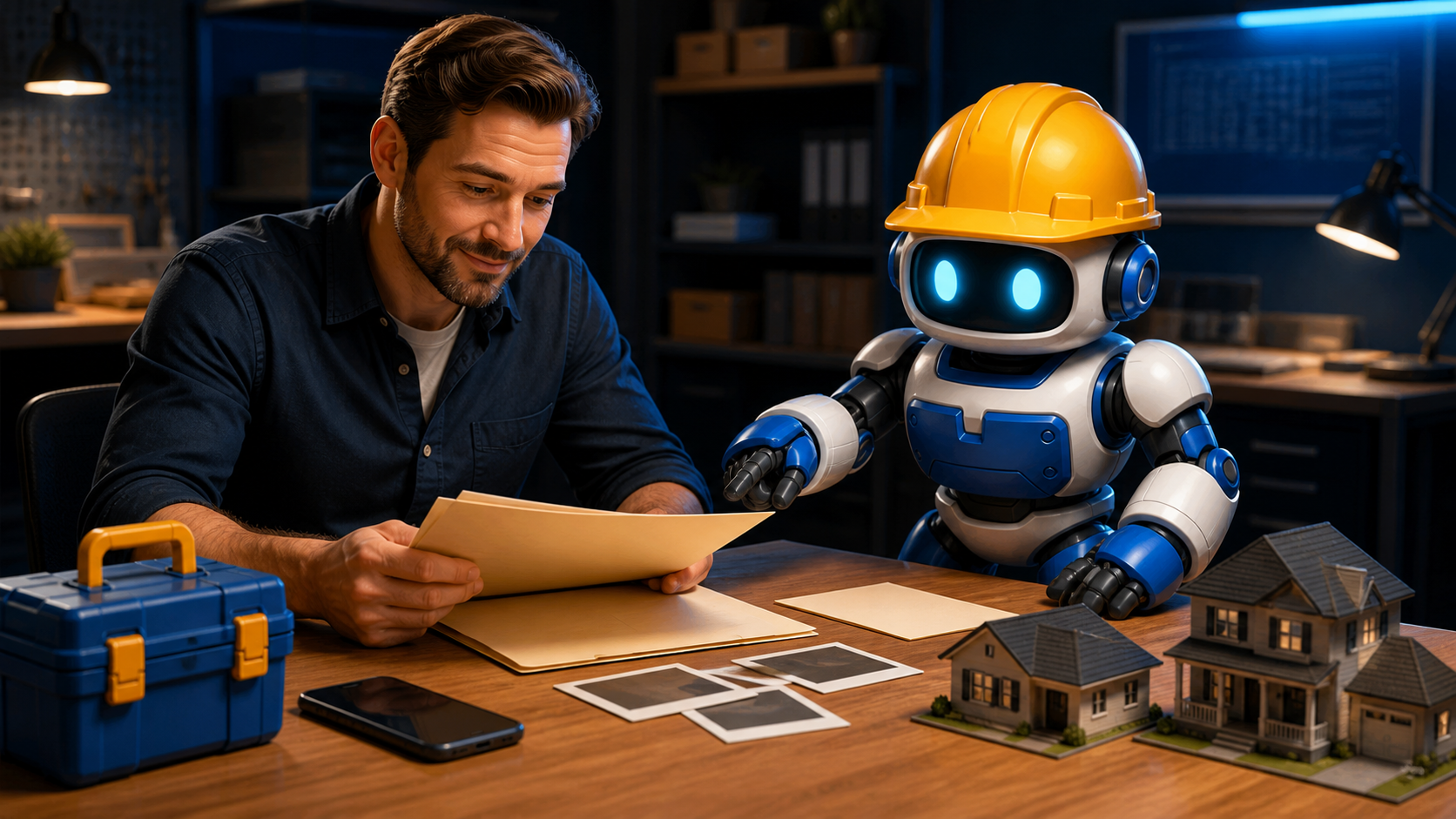 GangBoxAI robot mascot and a contractor office manager reviewing an unmarked service folder, job photos, phone, and house models at a worktable