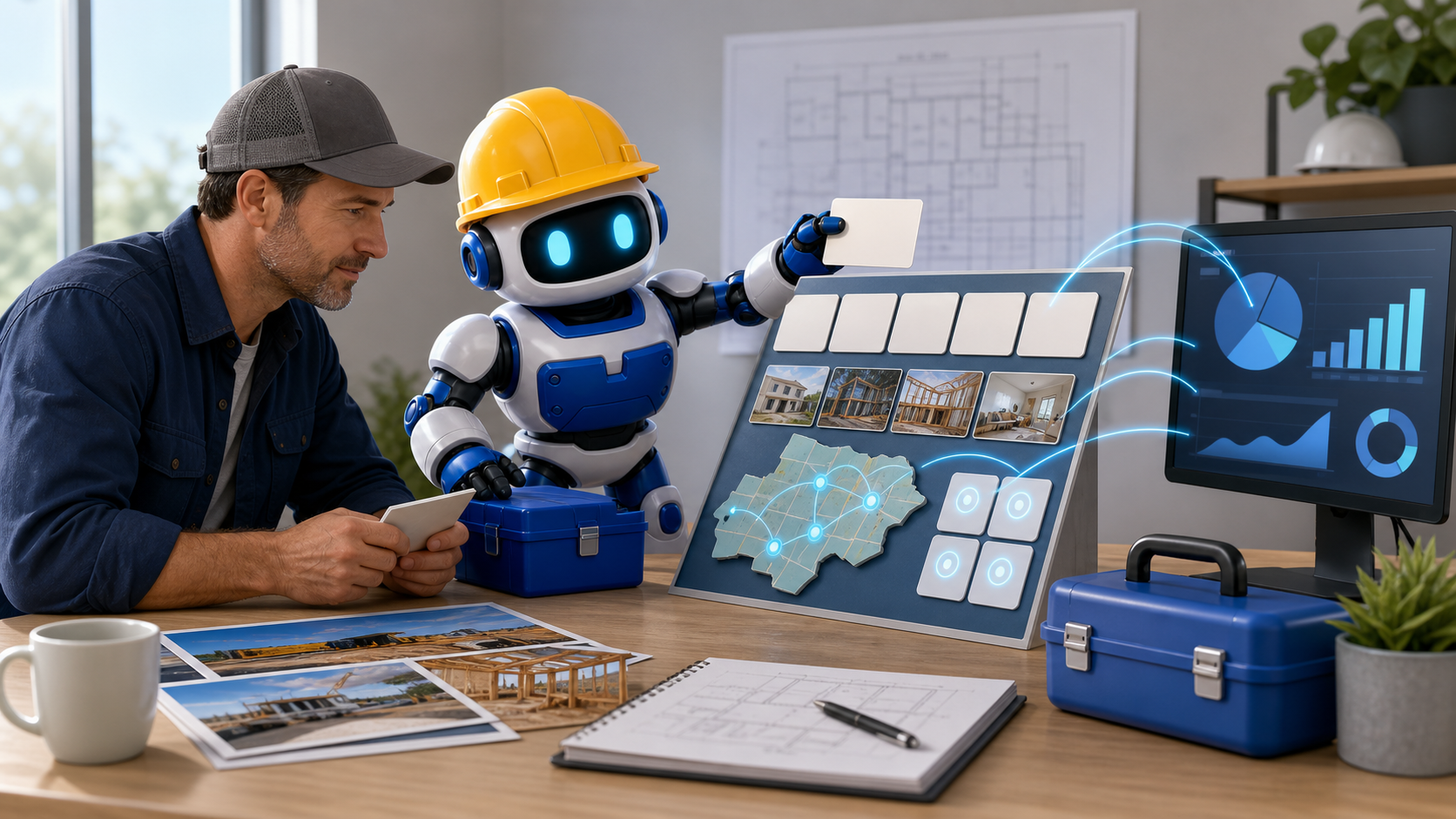GangBoxAI robot mascot helping a contractor owner organize GEO Smith style AI visibility proof with job photos, service area map, review cards, citation tiles, and charts