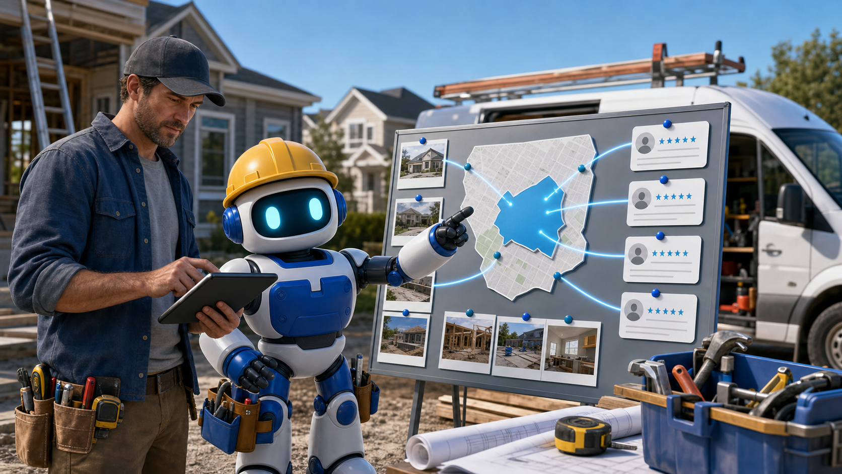 GangBoxAI robot mascot helping a contractor owner connect job photos, reviews, service area proof, and local map signals before AI search recommends a contractor