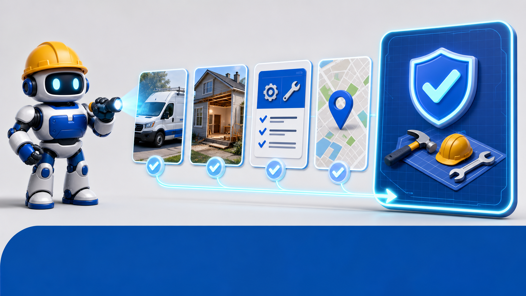 GangBoxAI robot mascot using an inspection light to compare a contractor service van, job photo, service card, and local map board