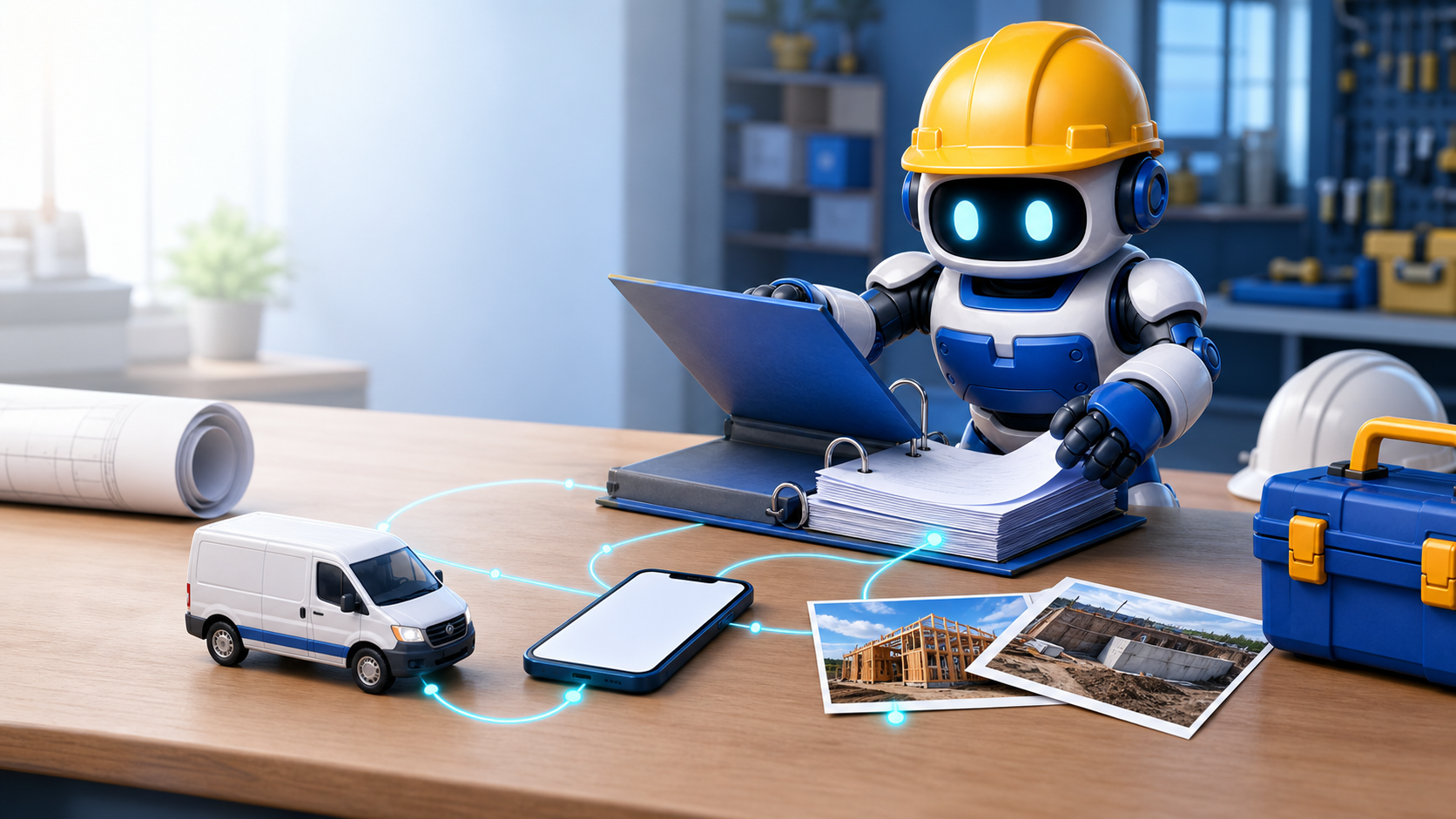 GangBoxAI robot mascot organizing contractor service facts, a service van, job photos, and office records at a workbench