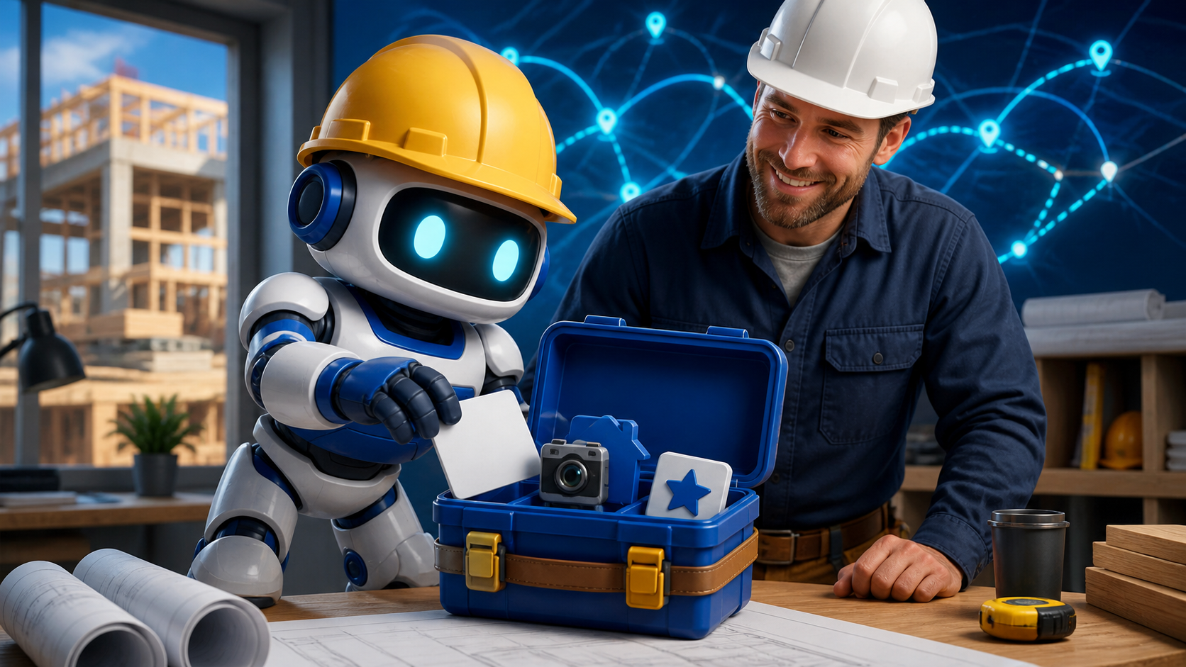 GangBoxAI robot mascot and a contractor placing blank proof cards and a camera into a blue toolbox beside an abstract local connection map