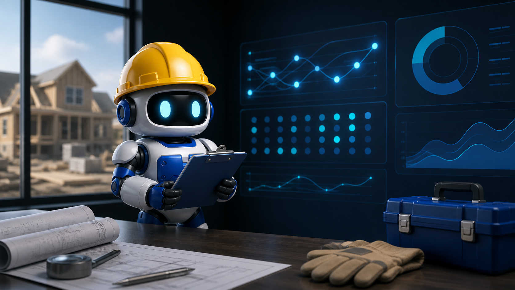 GangBoxAI robot mascot reviewing an abstract search visibility display with construction plans, a blue toolbox, and a residential jobsite outside the office