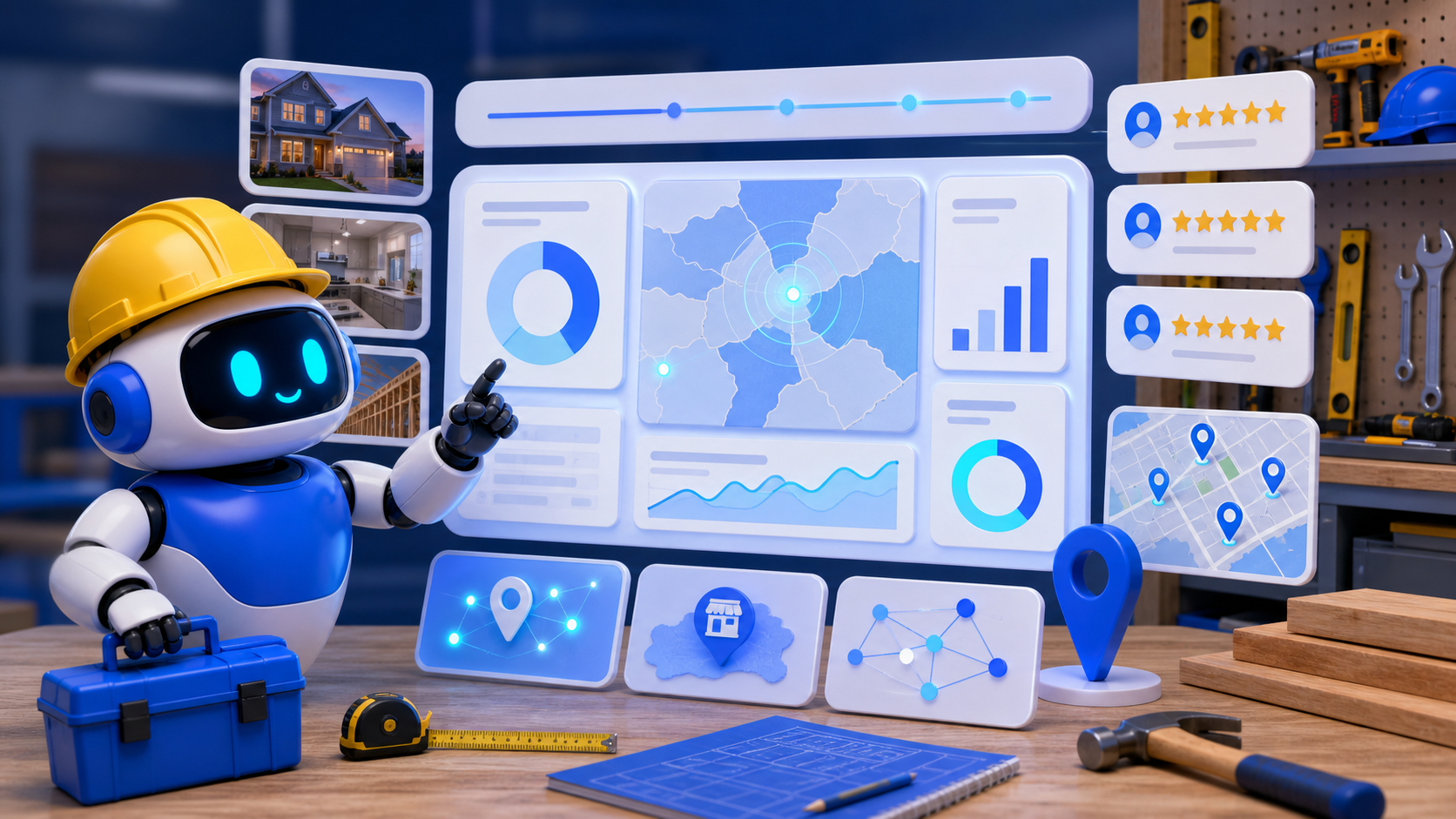 GangBoxAI robot mascot reviewing local AI visibility panels, contractor proof signals, maps, reviews, and service area evidence