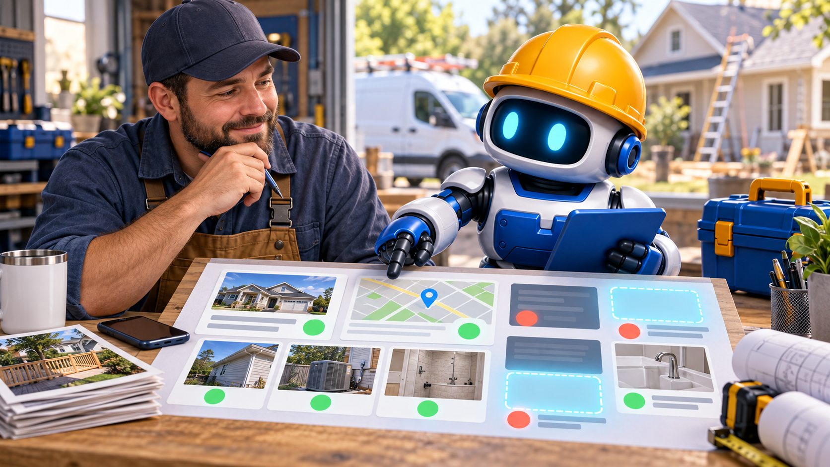 GangBoxAI robot mascot and a contractor reviewing service page gaps, an unlabeled local map, and approved job photos at a workshop table