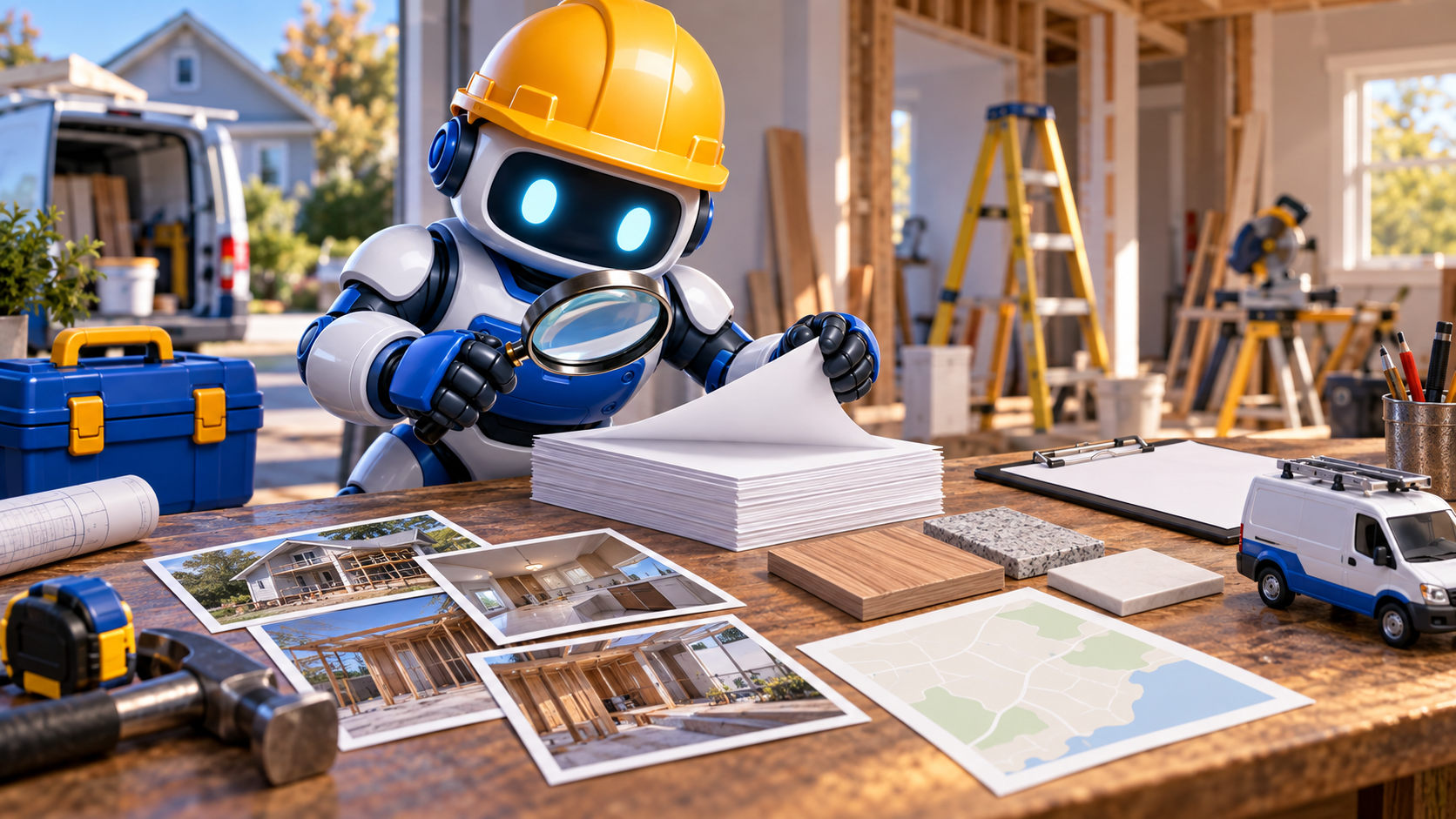 GangBoxAI robot mascot using a magnifying glass to inspect blank contractor service pages against job photos, material samples, a map, and a service van