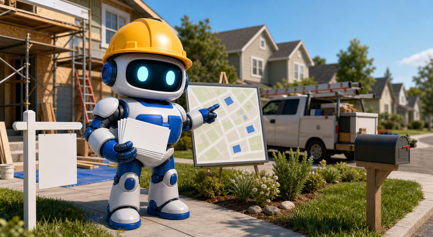 GangBoxAI robot mascot holding blank postcards beside an active contractor job site, mailbox, and neighborhood map