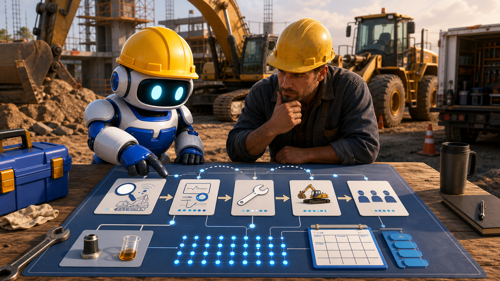 GangBoxAI robot mascot and contractor owner mapping an equipment maintenance diagnostic workflow with blank cards, sensor dots, calendar shapes, tools, and construction equipment