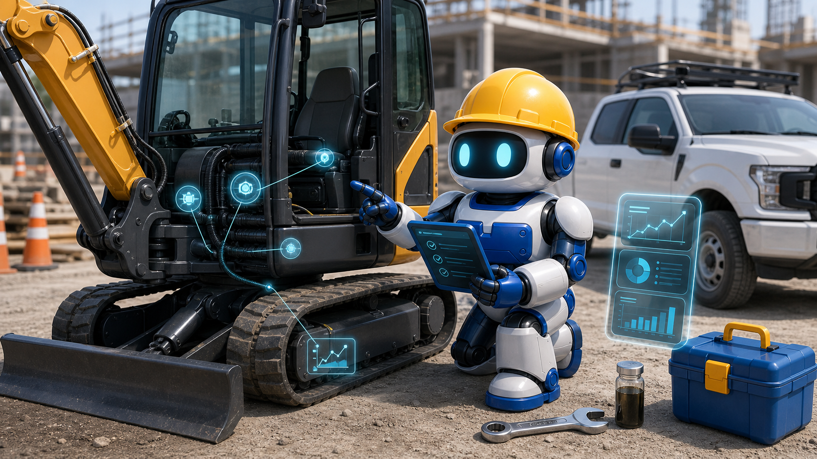 GangBoxAI robot mascot inspecting construction equipment health signals beside a compact excavator, service truck, wrench, oil sample, and blue toolbox
