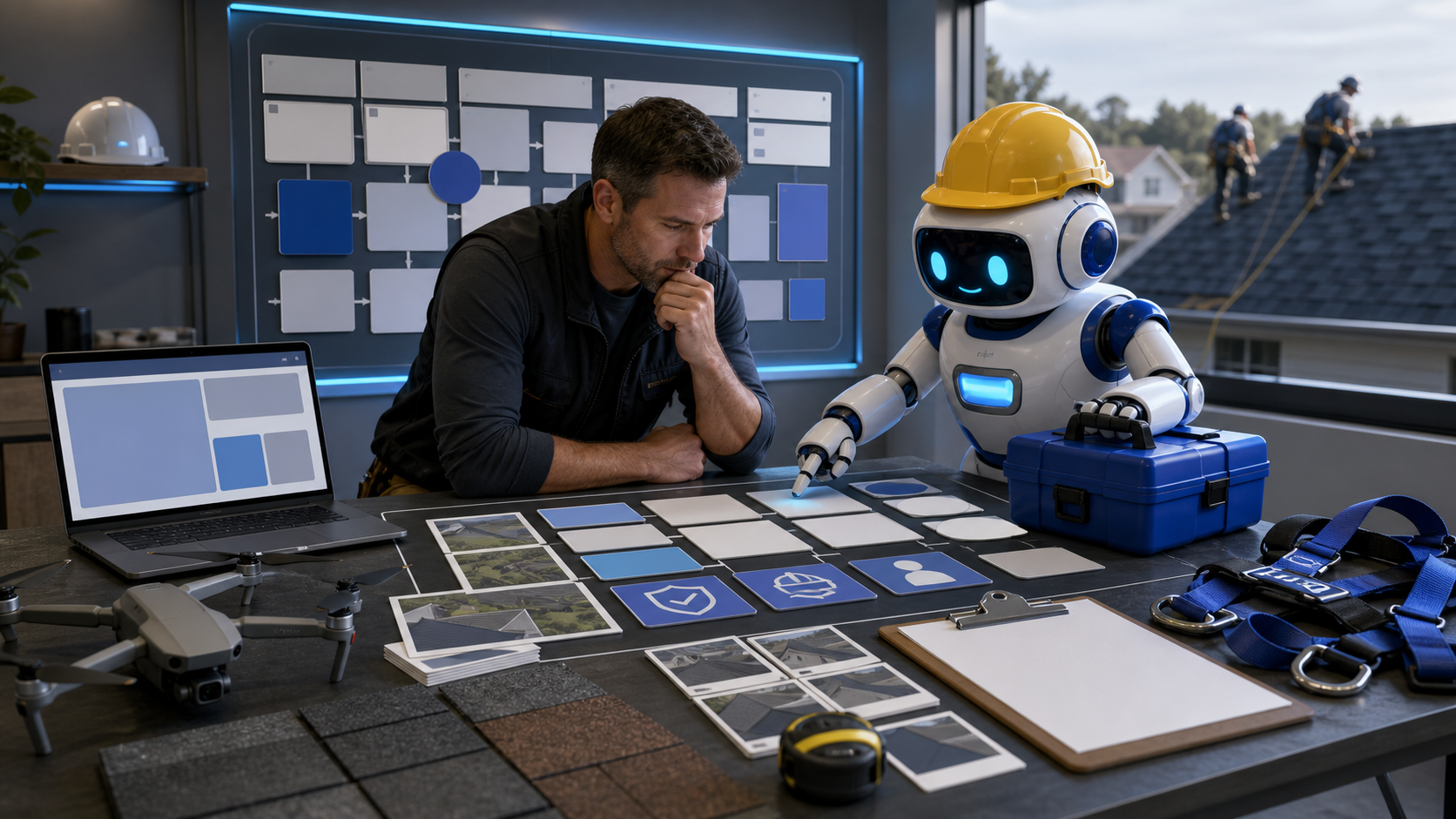 GangBoxAI robot mascot helping a contractor owner map a roofing inspection diagnostic board with drone photos, safety review cards, estimate handoff cards, shingle samples, and blue toolbox