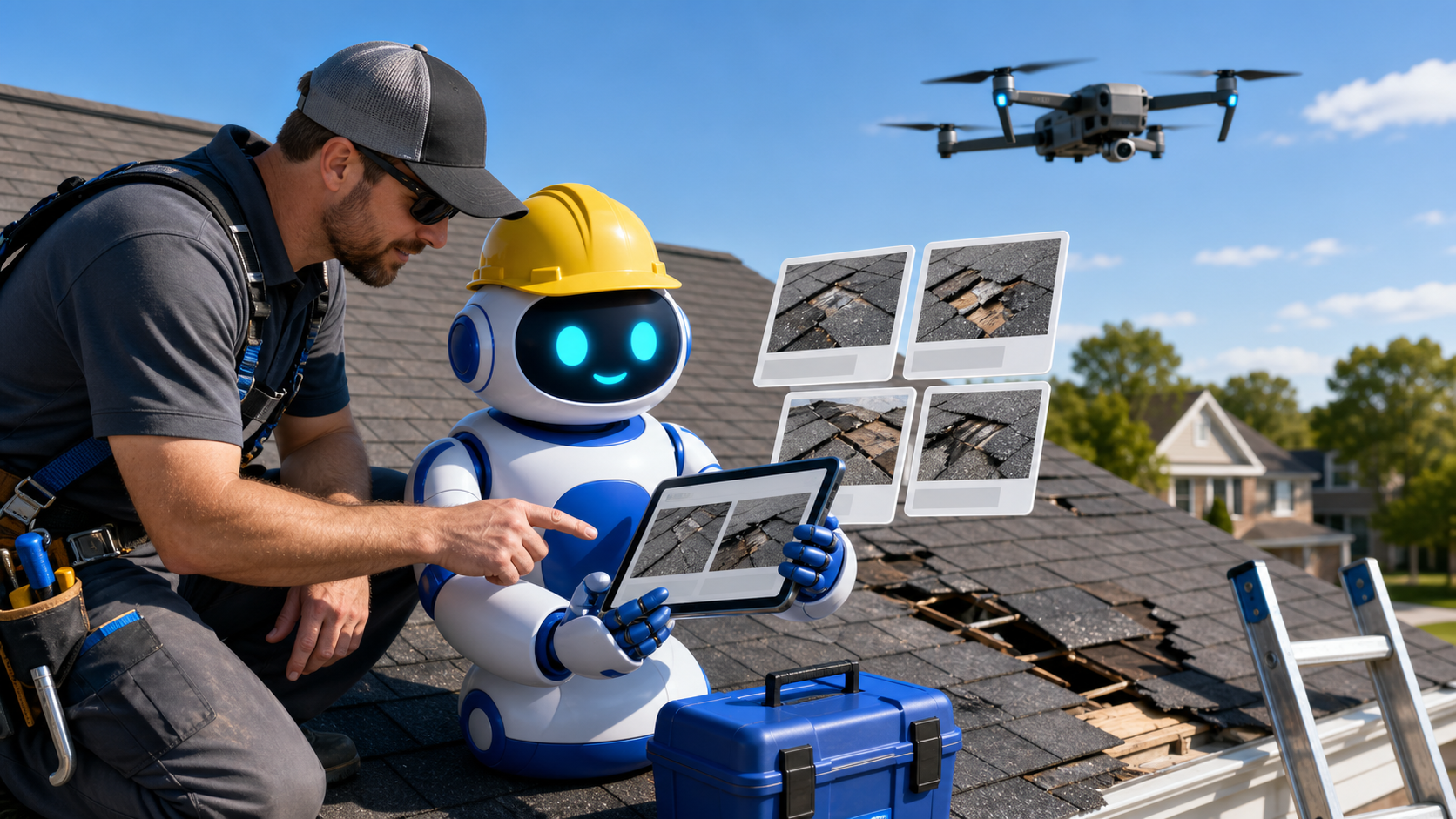 GangBoxAI robot mascot helping a roofing contractor review drone roof inspection photos, damaged shingles, safety gear, ladder, tablet, and blue toolbox