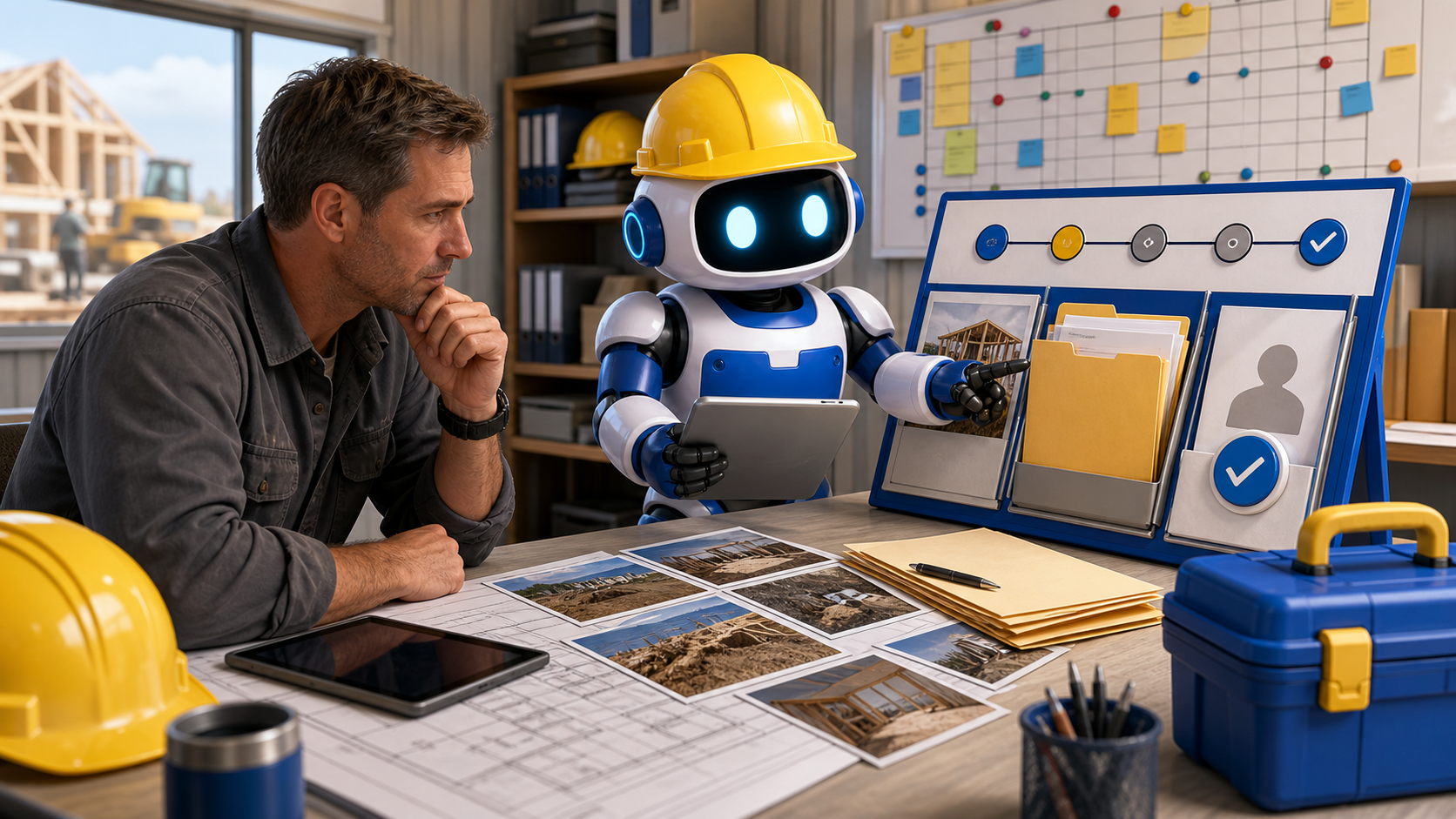 GangBoxAI robot mascot helping a contractor owner review a workflow board for job photos, change request folders, schedule impact, and human approval