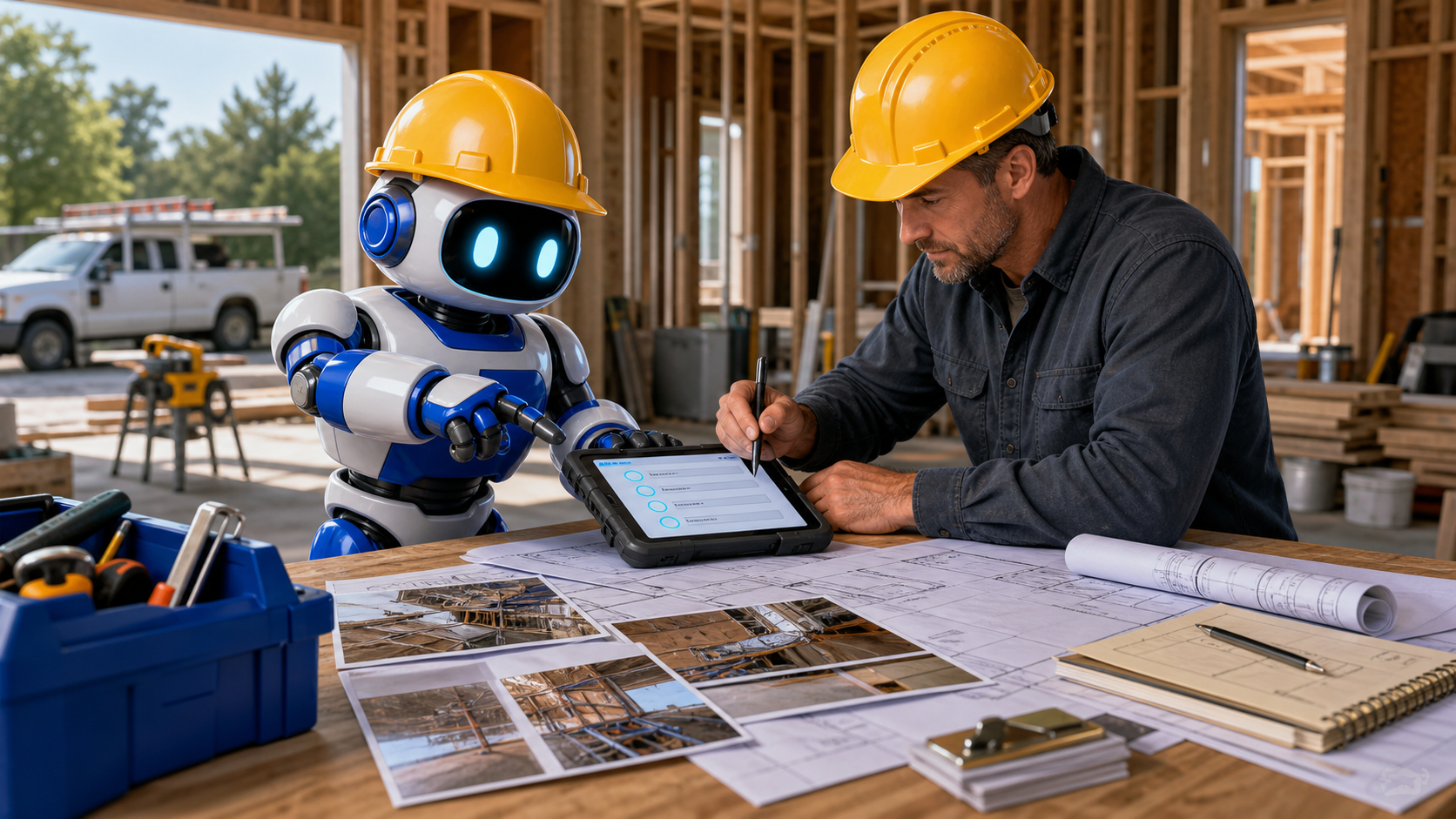 GangBoxAI robot mascot helping a contractor owner organize job photos, plan sheets, and change order approval notes at a construction job site